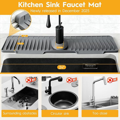 24" Silicone Faucet Mat for Kitchen Sink Released in 2025/12TH,8° Slope Fast Self-draining, Bathroom Kitchen Sink Area Water Splash Guard Behind Faucet Draining Dark Grey