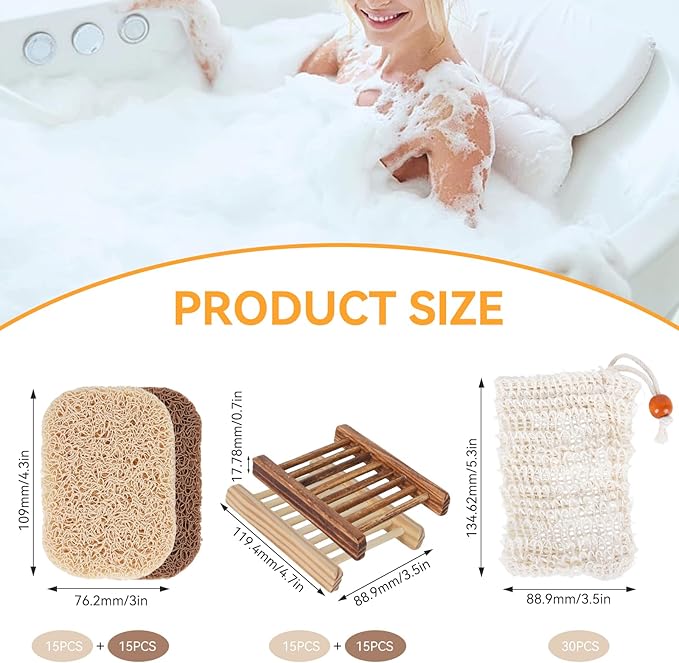 90 Pcs Soap Saver Set with Wooden Dish, Exfoliating Bag, Bar Soap Holder Mesh Bag, Saver Pads Bulk with Self-Drain, Soap Supplies for Bathrooms, Kitchens, Dining Rooms, Homes, and Kitchens