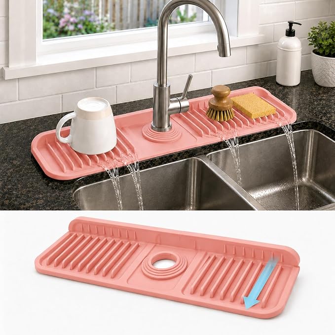 17" Silicone Faucet Handle Drip Catcher Tray,7° Sloped Self Draining Mat with Snap-on Design & Soap Holder, Sink Splash Guard for Kitchen & Bathroom, Trim-to-Fit Opening