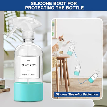 Glass Spray Bottles for Cleaning, 3 Pack Clear Empty Spray Bottle for Cleaning Solutions, 17 fl oz Reusable Spray Bottle for Plants with Silicone Boot, Cleaning Spray Containers with Labels