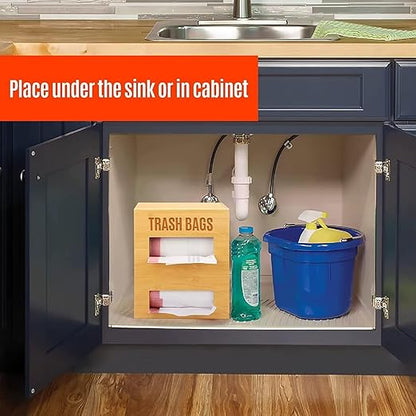 Bamboo Trash Bag Dispenser, Wall Mount Holder for 2 Rolls, Kitchen Garbage Bag Organizer, 12.3 x 10 x 6.3 Inches (Black)