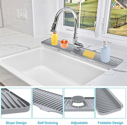 Kitchen Sink Splash Guard, 32"x 5.5", Silicone Faucet Splash Guard, Longer Silicone Sink Mat for Kitchen, Bathroom, Laundry Room, Farmhouse, Bar & RV (Gray)