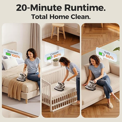 JIGOO 2-in-1 Mattress and Pet Hair Vacuum Cleaner, Bed Vacuum Cleaner with Dust Sensor, Ultrasonic and High Heating, Deep Cleaning Bed Vacuum for Sofa Bed Fabric Surface (S100 Cordless,Gray)