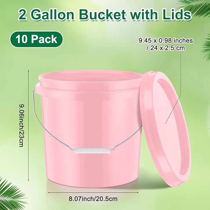Tioncy 10 Pcs 2 Gallon Plastic Bucket with Lid Heavy Duty 2 Gallon Bucket Pail with Lid Handle for Storage Container Home Household Cleaning (Light Pink)