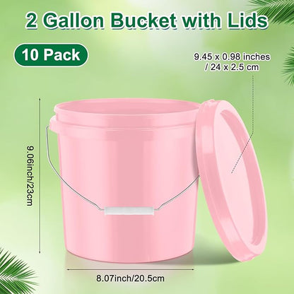 Tioncy 10 Pcs 2 Gallon Plastic Bucket with Lid Heavy Duty 2 Gallon Bucket Pail with Lid Handle for Storage Container Home Household Cleaning (Light Pink)