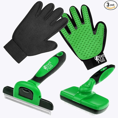 Complete Professional Pet Grooming Kit with Pet Hair Removal Tool brush Gloves, Self-Cleaning Slicker Brush, and Pro Grooming Dog Brush Deshedder Comb to Reduce Shedding (Green)