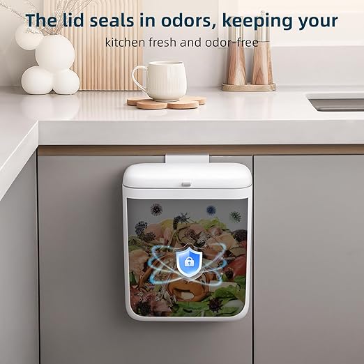 MUEE Compost Bin Kitchen for Counter Top or Under Sink, Hanging Trash Can with Lid [2.3 Gal/8.8L], Food Waste Bin, Mountable Garbage Can for Cupboard/Bathroom/Bedroom/Office/RV, Matte White