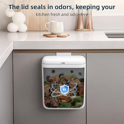 MUEE Compost Bin Kitchen for Counter Top or Under Sink, Hanging Trash Can with Lid [2.3 Gal/8.8L], Food Waste Bin, Mountable Garbage Can for Cupboard/Bathroom/Bedroom/Office/RV, Matte White