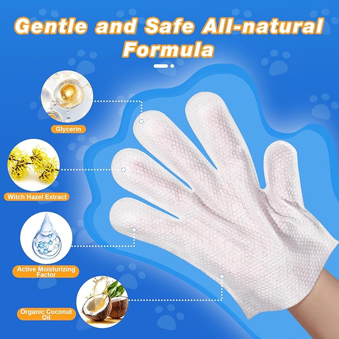 Pet Glove Wipes for Dogs and Cats, Deodorizing Cleaning Gloves, Hypoallergenic Coconut Oil Grooming Wipes, Individually Wrapped, for Pet Dry Cleaning, Daily Care and Travel, 18 Pcs