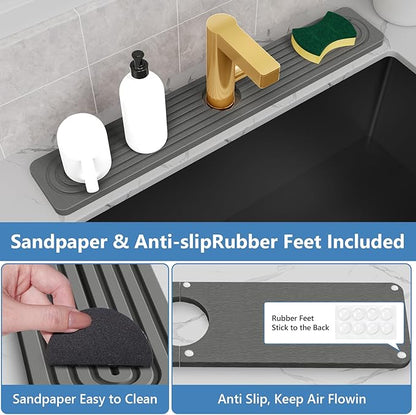 24'' Longer Stone Faucet Mat for Kitchen Sink [Super Absorbent, 30s Quick Drying] Water Absorbing Stone Tray for Sink Stone Mat for Kitchen Sink Stone Quick Dry Around Faucet Diatomite Stone Sink Tray