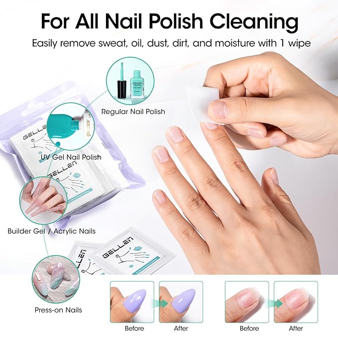 Gellen 100 Pack Nail Cleanser Pads and Polish Remover Pads, Acetone Nail Polish Remover Pads, Alcohol Wipes for Nails, Quick & Easy Removal, Individually Wrapped Travel Set for Perfect Nail Art
