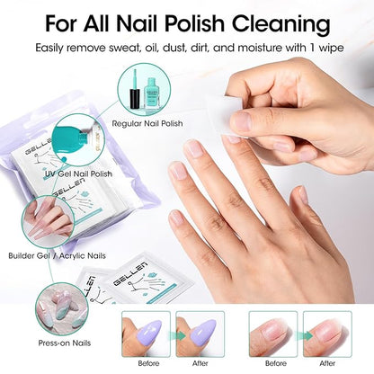 Gellen 100 Pack Nail Cleanser Pads and Polish Remover Pads, Acetone Nail Polish Remover Pads, Alcohol Wipes for Nails, Quick & Easy Removal, Individually Wrapped Travel Set for Perfect Nail Art