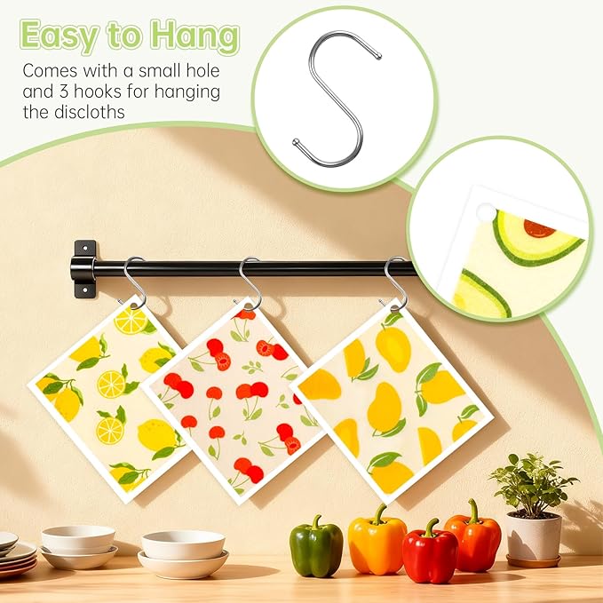 Swedish Dishcloths for Kitchen, 5 Pack Fruit Reusable Paper Towels with 3 Hooks, Washable Dish Cloth Set, Absorbent Cleaning Cloth for Home Washing Dishes Housewarming Gifts for Friend