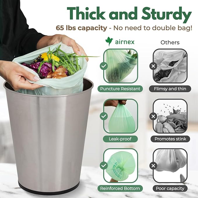 AIRNEX Compostable Kitchen Trash Bags 8 Gal - Cornstrarch Leakproof & Tear Resistant 50 Compost Bags - OK Compost Home & Seedling Certified 0.22 mm Kitchen Garbage Bags