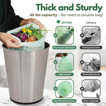 AIRNEX Compostable Kitchen Trash Bags 8 Gal - Cornstrarch Leakproof & Tear Resistant 100 Compost Bags - OK Compost Home & Seedling Certified 0.22 mm Kitchen Garbage Bags