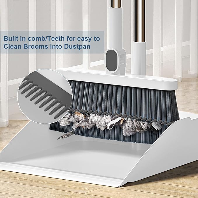 Broom and Dustpan Set, Long Adjustable Handle Indoor Sweeping Brooms, 180° Rotating Broom with Standing Storage and Scraping Teeth Dustpan to Clean Hair for Home Kitchen