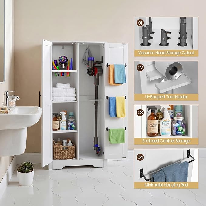NORTHSKY Wooden Storage Cabinet, Broom Closet & Vacuum Cleaner Storage Compatible with Dyson Vacuum, Utility Cabinet for Brooms and Mops, Cleaning Tool Cabinet w/Doors for Garage, Office, Home (White)