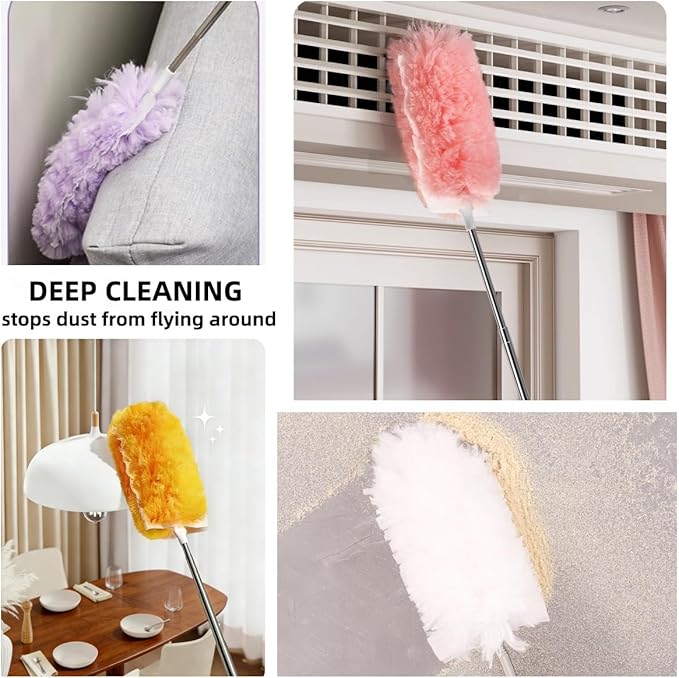 Heavy Duty Duster Refills, Disposable Dusters Kit for Cleaning Dusting Furniture Blind Ceiling Fan, Multi Surface 360 Feather Duster(10)+3FT Extended Handle（1） (Blue)