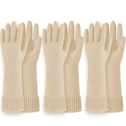 DABOGOSA Reusable Waterproof Household Dishwashing Cleaning Rubber Gloves, Non-Slip Kitchen Glove (Ivory, Medium (Pack of 3))