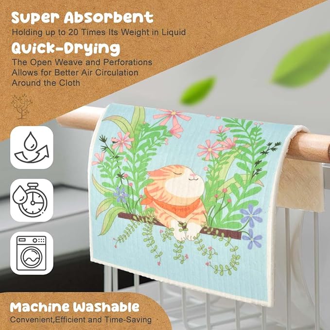 CONLI 6 Pack Swedish Dishcloth Reusable Dish Cleaning Towels Super Absorbent Fast Drying Cloths for Kitchen Cleaning - 6 Assortment Designs (C-Flower CAT)
