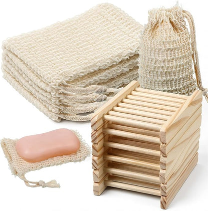 60 Pcs Soap Exfoliating Bag Holder Set, Including 30 Mesh Bath Soap Saver Container and 30 Bamboo Wood Soaps Holder Tray, Natural Barsoap Pouch, Self Draining Soaps Saver Dish