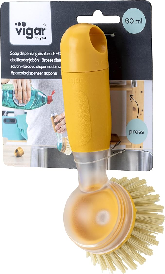 Vigar Rengo Dish Brush with Soap Dispenser - Dish Scrubber with Handle, Kitchen Scrub Brush for Dishes, Sink Cleaning Brush, Soap Dispensing Dish Wand with Nylon Bristles, Non Scratch - Mustard