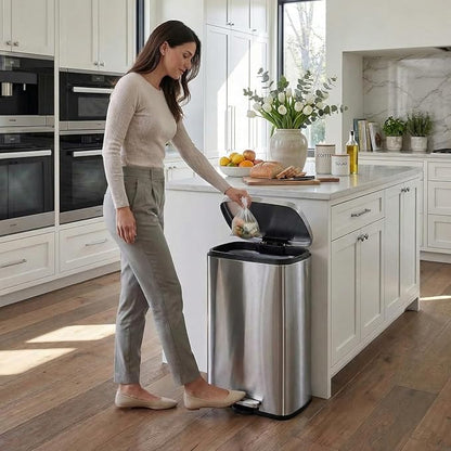 8 Gal Kitchen Trash Can, 30L Recycling or Garbage Bin, Brushed Stainless Steel Waste Basket, Soft&Quiet Close Dustbin, with Step-On Pedal, Removable Inner Bucket, for Home, Office, Living Room