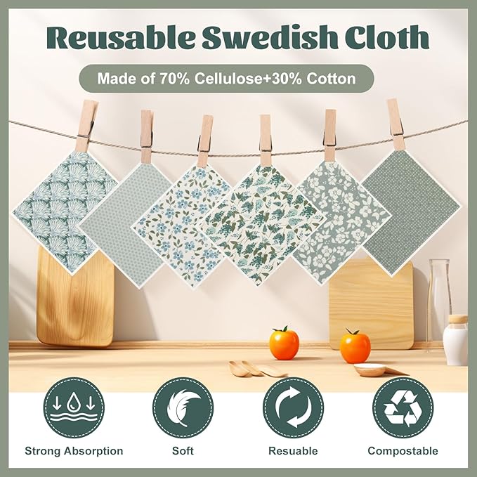 Green Swedish Dishcloths for Kitchen, 6 PCS Swedish Dish Cloths, 7.5 x 6.7 Inch Super Absorbent Washable Reusable Floral Cloths Dish Towel, No Odor Cellulose Sponge (Light-Green)