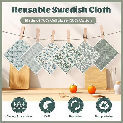 Green Swedish Dishcloths for Kitchen, 6 PCS Swedish Dish Cloths, 7.5 x 6.7 Inch Super Absorbent Washable Reusable Floral Cloths Dish Towel, No Odor Cellulose Sponge (Light-Green)
