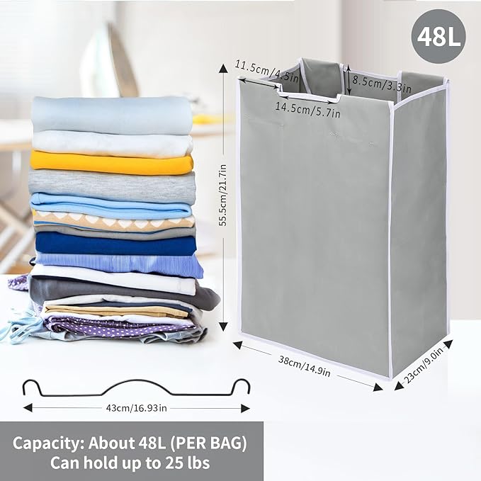 3 Bag Laundry Sorter Replacement Bags with 6 Handles, Jhua 3 Pack Large Hamper Cart Removable Replacement Bags, 600D Laundry Hamper Liner Laundry Storage Organizer, 14.9x9.0x21.7in