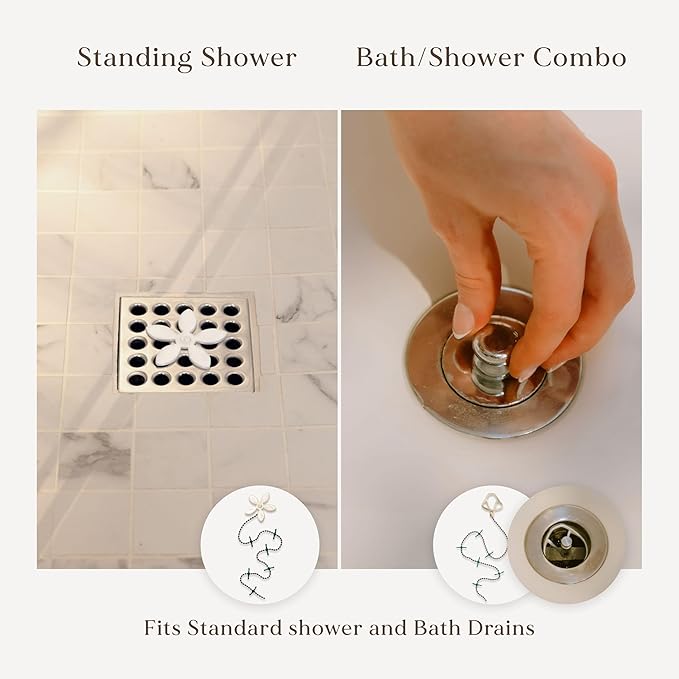 DrainWig Shower Drain Hair Catcher – Disposable Bathroom Hair Trap, Easy to Install in Shower Drain Cover, Helps Prevent Clogs – As Seen on Shark Tank – White Flower (4-Pack)