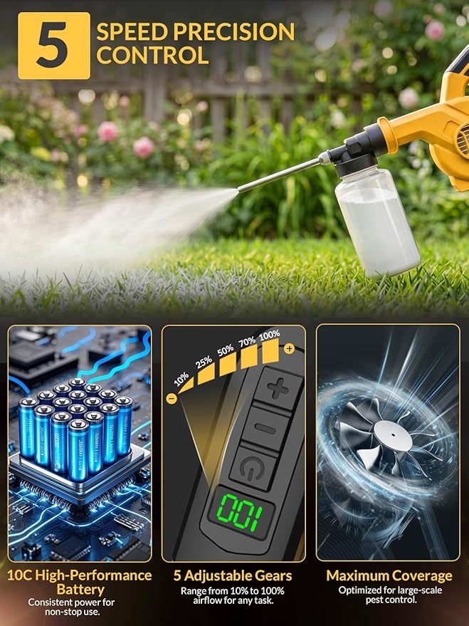 Electric Diatomaceous Earth Duster [Battery Included], 5-Speed Powder Sprayer for Potato & Tomato Maintenance, 1L Capacity, Precision Applicator for Garden, Chicken Coop and Barn