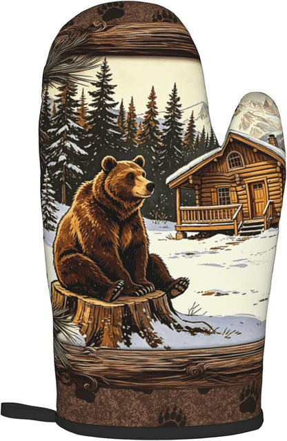 Vintage Oven Mitts and Pot Holders Sets Rustic Cabin Kitchen Gloves Bear Hot Pads Cute Baker Stuff Chef Cooking Baking Gifts for Women
