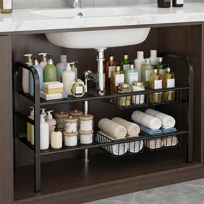 Expandable Under Sink Organizer 26.8 to 35.8 Inches Wide, 2 Tier Carbon Steel Storage Rack for Double Sink Cabinet, P-Trap and Garbage Disposal Friendly, No Tools Required (White)