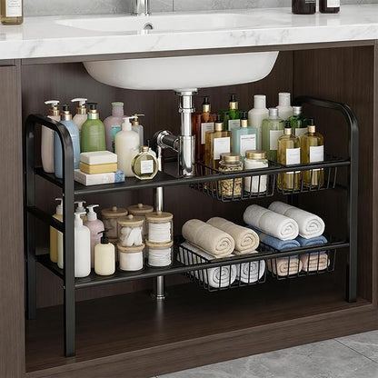 Expandable Under Sink Organizer 26.8 to 35.8 Inches Wide, 2 Tier Carbon Steel Storage Rack for Double Sink Cabinet, P-Trap and Garbage Disposal Friendly, No Tools Required (White)