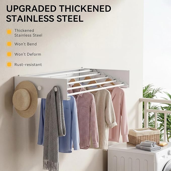 Collapsible Laundry Drying Rack Wall Mounted - 31.5 Inch Metal Clothing Drying Rack with 6+6 Hooks, Retractable Foldable Dryer Racks for Laundry Drying Indoor, Heavy Duty Towel & Coat Hanger