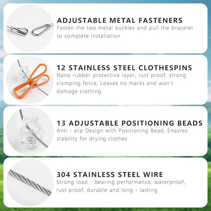 Travel Clothesline Length 9.8Ft with 12 Clothespins, Wire Rope Adjustable Length, Indoor Clothesline, Outdoor Camping Accessories