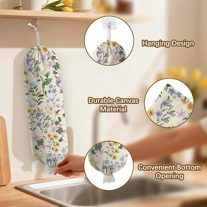 Floral Plastic Bag Holder Dispenser, Plastic Grocery Bag Organizer & Wall Mount Paper Trash Bags Saver Storage for Kitchen Home Pantry Decor, Shopping Bags Storage Dispenser