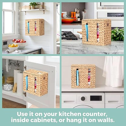 Trash Bag Holder with Scalloped Lid 13–30 Gallon Trash Bag Roll Holder Wall Mount Garbage Bag Dispenser for Kitchen, Cabinet (1, Natural)