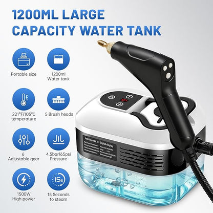 Pressurized Handheld Steam Cleaner, Portable Steamer for Cleaning with 1.2L Large Tank, 15s Fast Heat-Up, 6-Level Adjustable, Powerful Steam Cleaner for Home, Car, Kitchen, Tile, Grout