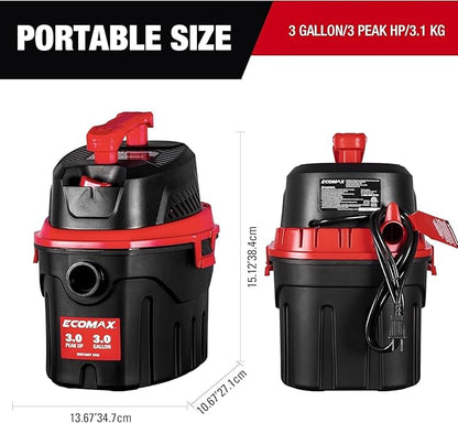 ECOMAX Small Shop Vacuum Wet/Dry 3 Gallon, 3 Peak HP, Small Shop Wet Dry Vac with Accessories, 3-in-1 Mini Shop Vacuum with Blower Function for Home, Car Detailing, Workshop, EM18910P-3