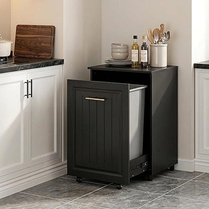 ZIFTY Pull Out Trash Can Cabinet for 10 Gallon Bin, Pet Proof Hidden Kitchen Waste Bin, Freestanding Wooden Garbage & Recycling Cabinet for Kitchen, Laundry Room, Living Room, Black
