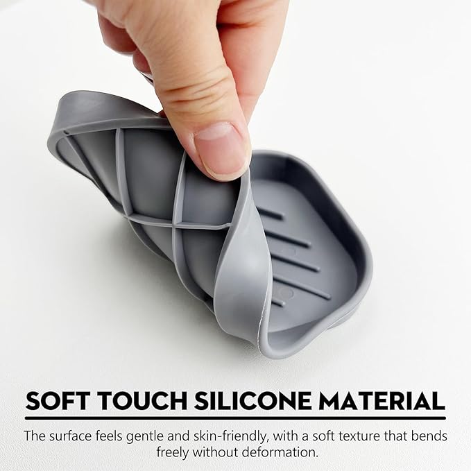 Grey Silicone Soap Dish – Sink Organizer with Drain Spout for Bathroom & Kitchen, Ideal for Dispensers, Cups, Scrubbers & Sponges on Countertops