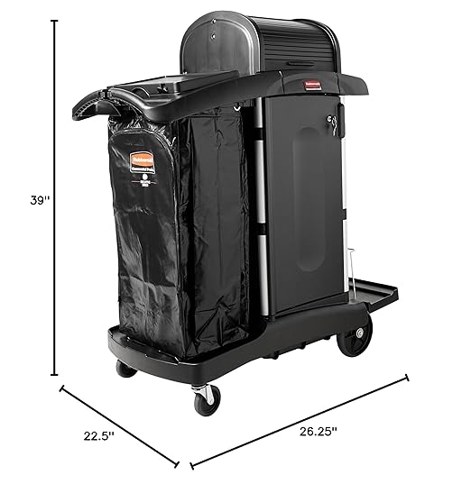 Rubbermaid Commercial High Security Housekeeping Janitorial Cart with Wheels, Black Vinyl Bag, Locking Hood and Cabinets for Commercial Facilities, 53.5" H x 48.25" L X 22" W, Black