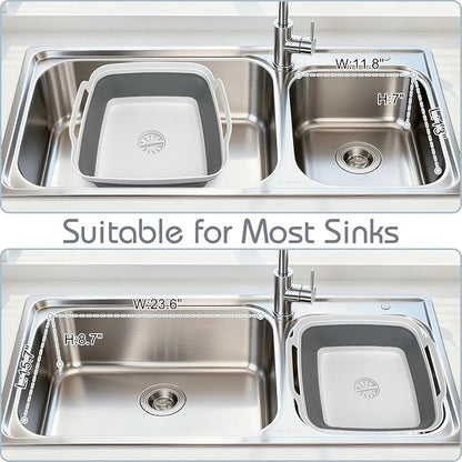 2.4 Gal(9L) Collapsible Dish Basin with Drain Plug, Space Saving Outdoor Multiuse Foldable Sink Tub, Dishpan, Kitchen Storage Tray for Camping, Vegetable Washing, RV (Gray)