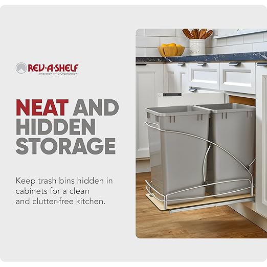 Rev-A-Shelf 27 Qt / 6.75 Gal Steel Bottom Mount Double Pullout Waste Container w/Soft-Close for Base Kitchen Cabinets, Min Opening Width of 11.5", Gray, 54WC-1527SC-17-1