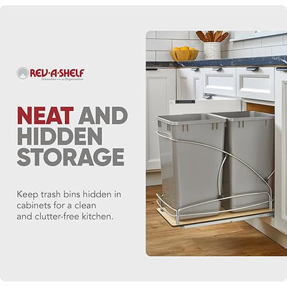 Rev-A-Shelf 27 Qt / 6.75 Gal Steel Bottom Mount Double Pullout Waste Container w/Soft-Close for Base Kitchen Cabinets, Min Opening Width of 11.5", Gray, 54WC-1527SC-17-1