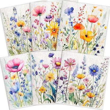 Swedish Dishcloths for Kitchen – 6 Pack Cellulose Reusable Cleaning Paper Towels – Soft, Quick-Drying, Washable Dish Rags for Kitchen, Counters & More (Flower)