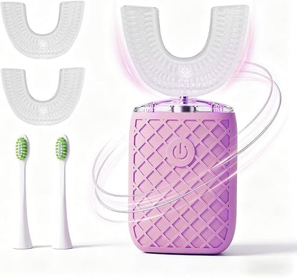 Sonic Electric U Shaped Toothbrush for Adults, Automatic Full Mouth Cleaning Toothbrush, 360° Stain Removal, IPX7 Waterproof Rechargeable, 3 U-Shape & 2 Straight Brush Heads (Pink)