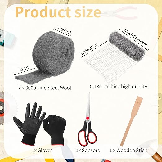 Steel Wool for Mice Control Mesh Rodent Control Kit 1 Pack Rustproof Mesh Roll and 0000 Steel Wool Mouse Hole Filler with Gloves, Scissors for House Garden Home Garage(5in X 9.8ft)